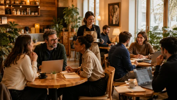 Café animé avec télétravailleurs et propriétaire