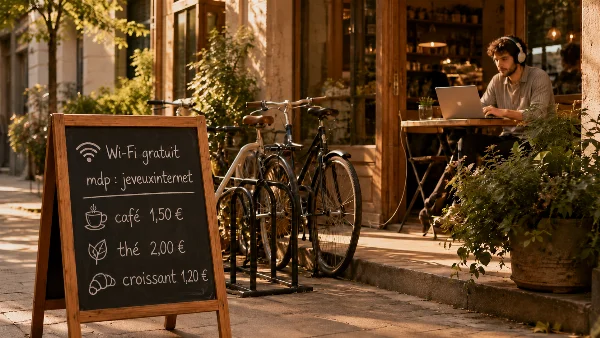 Ardoise d'un café avec ses informations pratiques